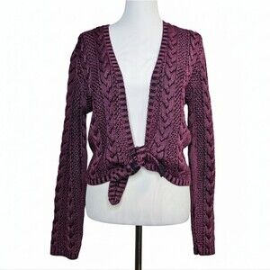 The Territory Ahead Y2K Raspberry Navy Tie Front Cable Knit Cotton Shrug Sweater